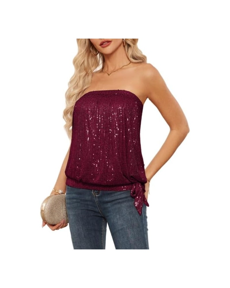 Sequin Tops for Women Sparkly Elastic Ruched Twist Knot Tie for Party Burgundy $17.50 Tanks