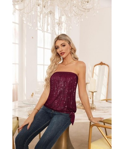 Sequin Tops for Women Sparkly Elastic Ruched Twist Knot Tie for Party Burgundy $17.50 Tanks