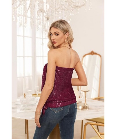 Sequin Tops for Women Sparkly Elastic Ruched Twist Knot Tie for Party Burgundy $17.50 Tanks