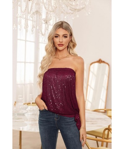 Sequin Tops for Women Sparkly Elastic Ruched Twist Knot Tie for Party Burgundy $17.50 Tanks