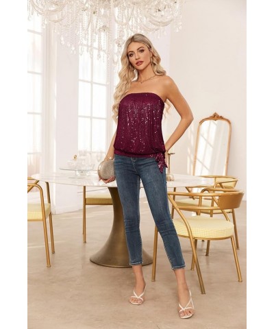 Sequin Tops for Women Sparkly Elastic Ruched Twist Knot Tie for Party Burgundy $17.50 Tanks