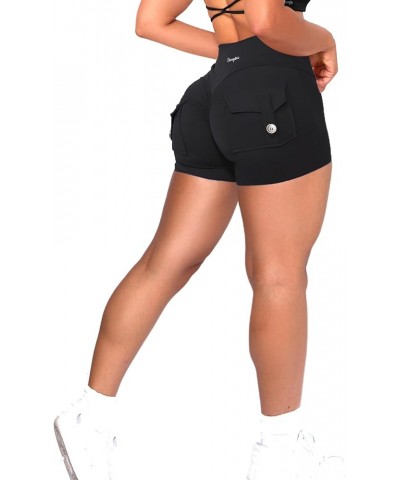 Women Pocket Shorts Cross High Waist Scrunch Butt Booty Workout Lifting Athletic Gym Bottoms Black $15.07 Activewear