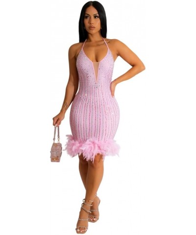 Sexy Dress for Women Party Club Night Elegant Spaghetti Straps Feather Detailed Hem Sparkly Rinestone Bodycon Midi Vestidos P...