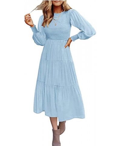 Women's Long Sleeve Elastic Bust Crew Neck Print Casual Flowy Summer Fall Midi Dresses 3 Light Blue $27.83 Dresses