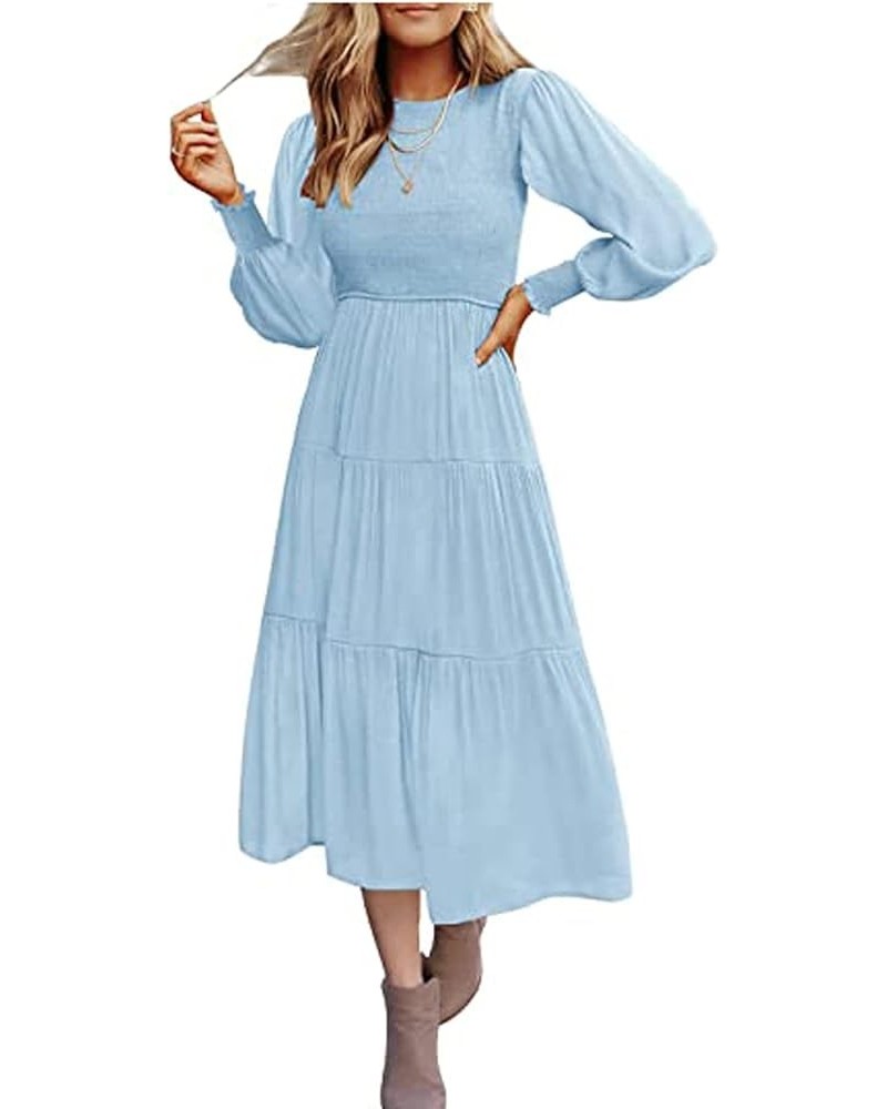 Women's Long Sleeve Elastic Bust Crew Neck Print Casual Flowy Summer Fall Midi Dresses 3 Light Blue $27.83 Dresses