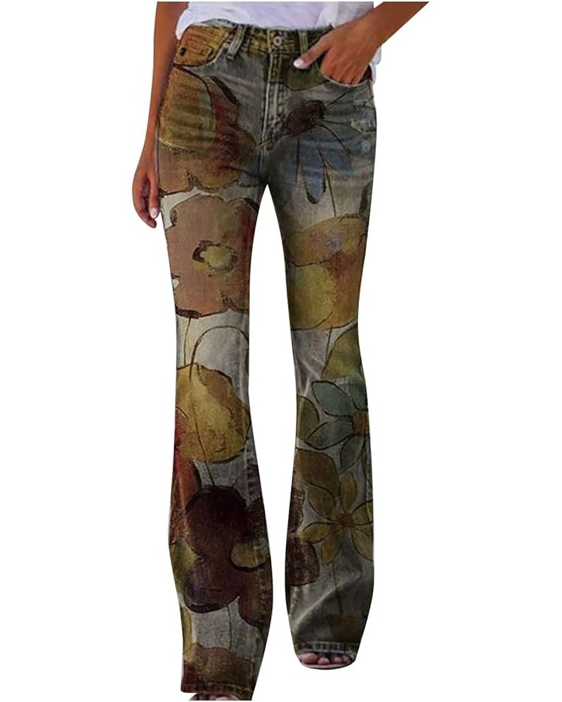 Flower Print Jeans 2023, School Floofy Plus Size Slacks Womens Spring Wide Hi Waist Floral Print Pant Light 01-brown $9.98 Jeans