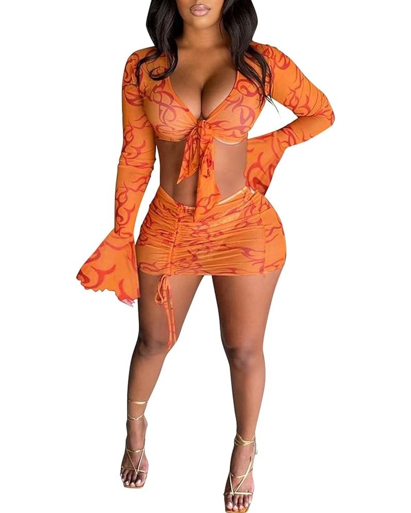 Women Sexy Sheer Mesh Dress Ruffle Sleeve Ruched Drawstring Mini Party Dresses 2 Piece Skirts Set Orange $11.44 Dresses