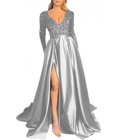 Long Sleeve Formal Dress for Women V-Neck Evening Dress with Split Sequin Prom Dress Long Satin Dress with a Sheen Silver $34...