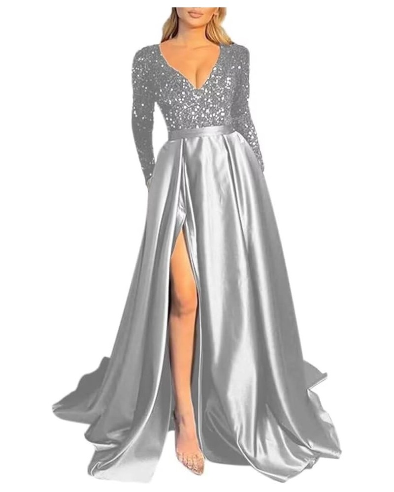 Long Sleeve Formal Dress for Women V-Neck Evening Dress with Split Sequin Prom Dress Long Satin Dress with a Sheen Silver $34...