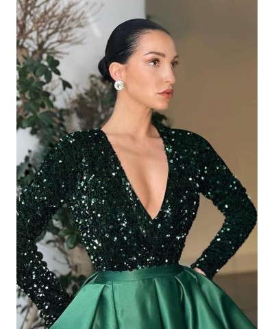 Long Sleeve Formal Dress for Women V-Neck Evening Dress with Split Sequin Prom Dress Long Satin Dress with a Sheen Silver $34...