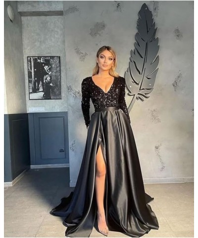 Long Sleeve Formal Dress for Women V-Neck Evening Dress with Split Sequin Prom Dress Long Satin Dress with a Sheen Silver $34...