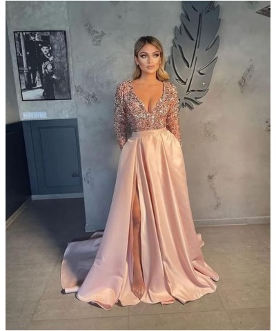 Long Sleeve Formal Dress for Women V-Neck Evening Dress with Split Sequin Prom Dress Long Satin Dress with a Sheen Silver $34...