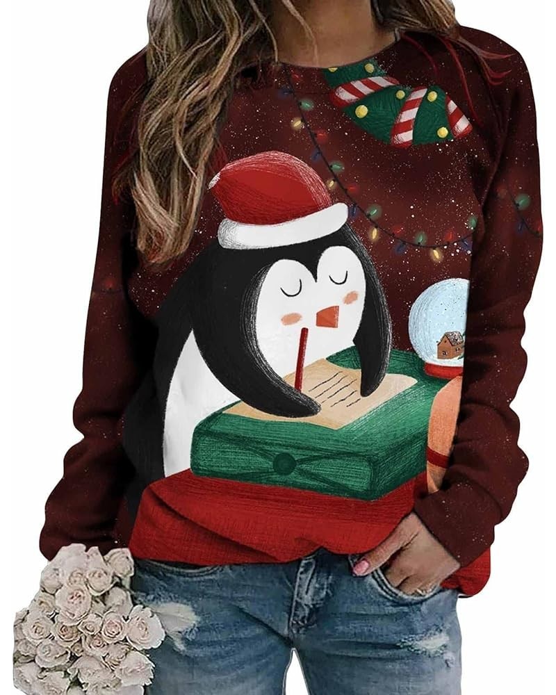 Womens Christmas Sweaters 2023 Loose Fit Cute Christmas Graphic Printed Long Sleeve Crewneck Pullover Sweatshirts Tops C-wine...