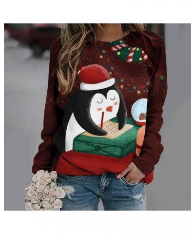 Womens Christmas Sweaters 2023 Loose Fit Cute Christmas Graphic Printed Long Sleeve Crewneck Pullover Sweatshirts Tops C-wine...