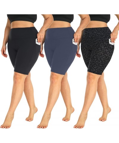 3 Pack Plus Size 8" Biker Shorts with Pockets for Women-High Waist Non-See Through Workout Black Yoga Short Black/Navy Blue/L...