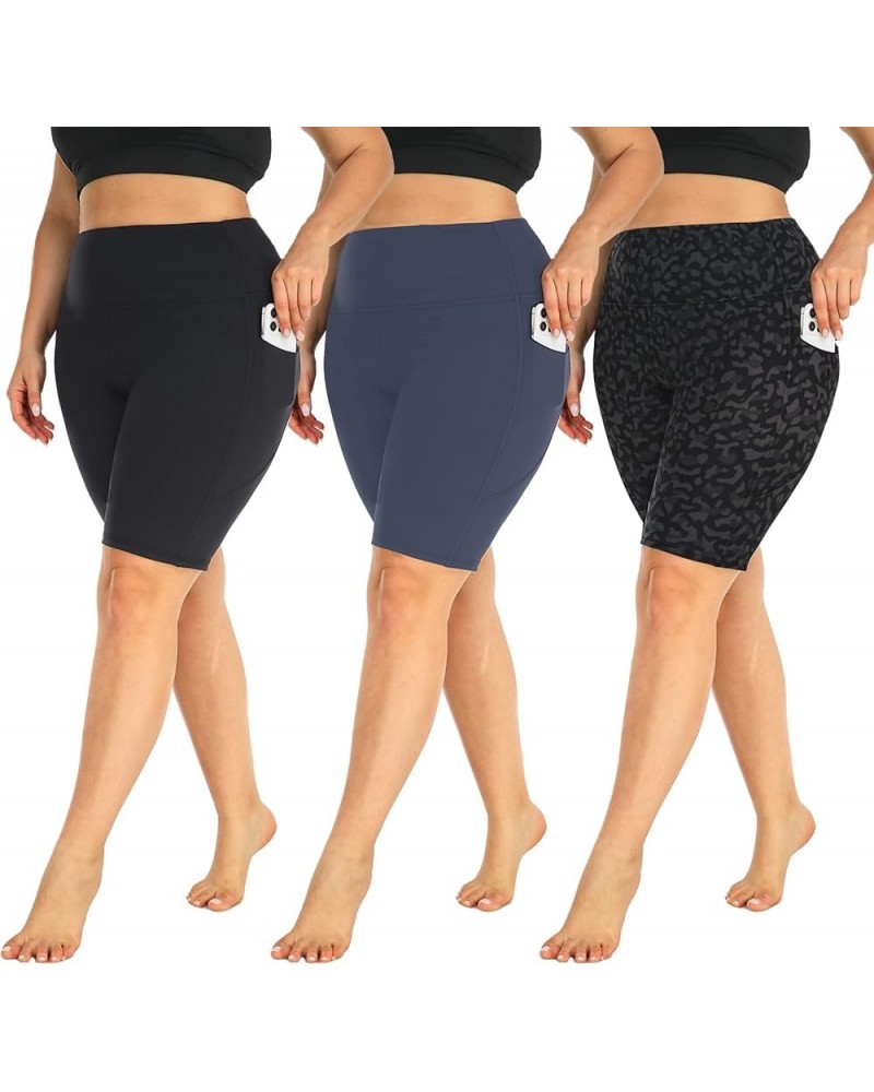 3 Pack Plus Size 8" Biker Shorts with Pockets for Women-High Waist Non-See Through Workout Black Yoga Short Black/Navy Blue/L...