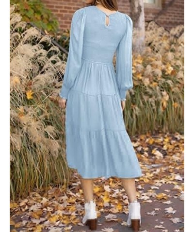 Women's Long Sleeve Elastic Bust Crew Neck Print Casual Flowy Summer Fall Midi Dresses 3 Light Blue $27.83 Dresses