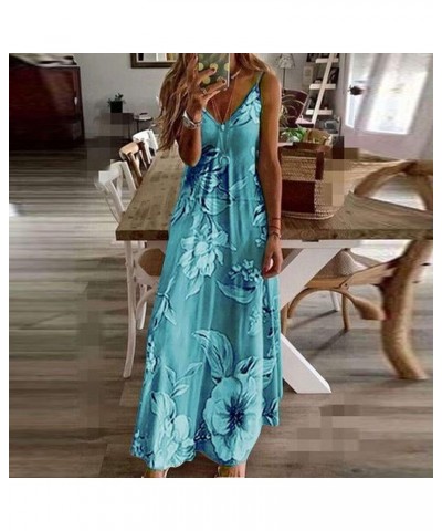 Women Floral Spaghetti Strap Sundress Casual Summer Long Maxi Dress V Neck Sexy Boho Dresses Trendy Beach Clothes 2024 B-blue...