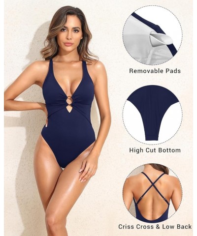 Cheeky One Piece Swimsuits Women Sexy O Ring V Neck Cutout Bathing Suits Low Back Criss Cross Plunge Swimwear Navy Blue $15.6...