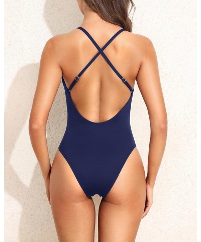 Cheeky One Piece Swimsuits Women Sexy O Ring V Neck Cutout Bathing Suits Low Back Criss Cross Plunge Swimwear Navy Blue $15.6...