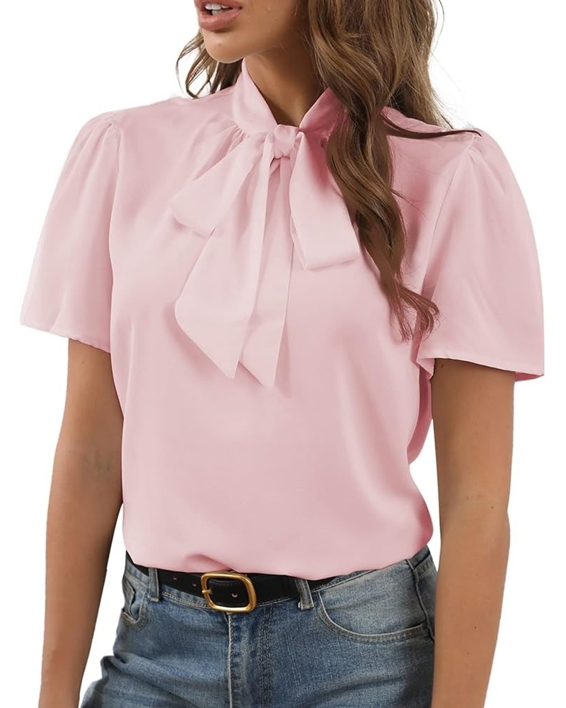 Women's Bow Tie Knot Mock Neck Short Sleeve Elegant Workwear Blouse Shirt Top Light Pink $15.19 Blouses