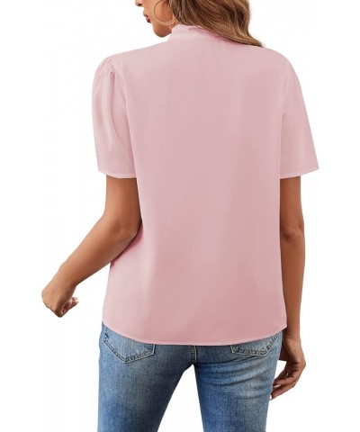 Women's Bow Tie Knot Mock Neck Short Sleeve Elegant Workwear Blouse Shirt Top Light Pink $15.19 Blouses