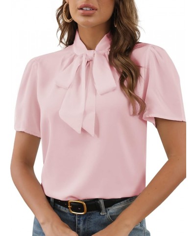 Women's Bow Tie Knot Mock Neck Short Sleeve Elegant Workwear Blouse Shirt Top Light Pink $15.19 Blouses