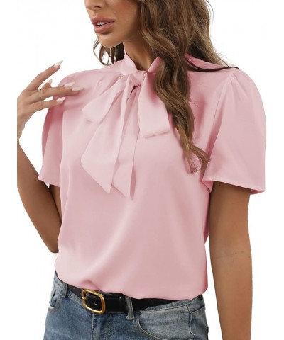 Women's Bow Tie Knot Mock Neck Short Sleeve Elegant Workwear Blouse Shirt Top Light Pink $15.19 Blouses