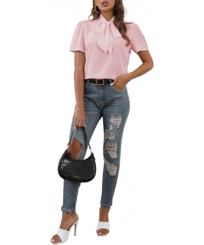 Women's Bow Tie Knot Mock Neck Short Sleeve Elegant Workwear Blouse Shirt Top Light Pink $15.19 Blouses