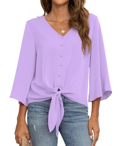 Women's Button V Neck Chiffon Tops 3/4 Bell Sleeve Tie Knot Casual Blouses Loose Summer Shirts Light Purple $11.66 Blouses