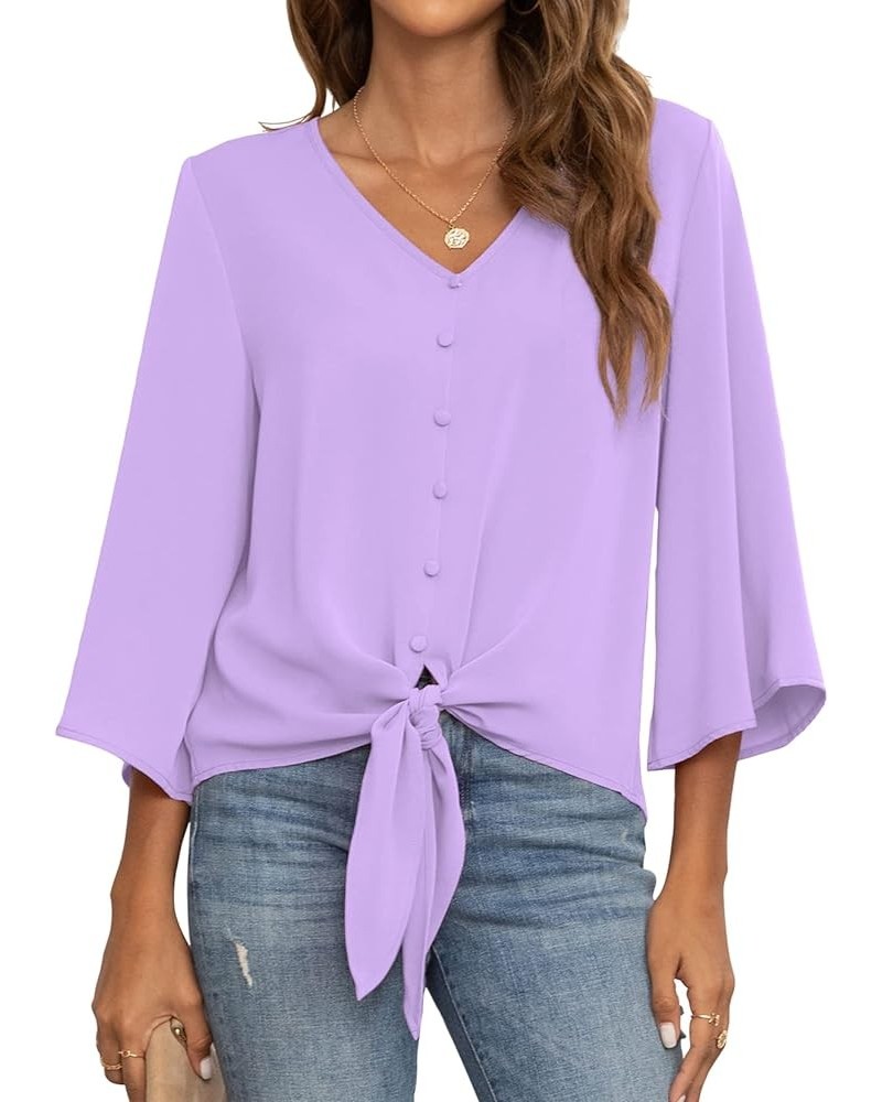 Women's Button V Neck Chiffon Tops 3/4 Bell Sleeve Tie Knot Casual Blouses Loose Summer Shirts Light Purple $11.66 Blouses