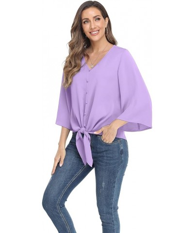 Women's Button V Neck Chiffon Tops 3/4 Bell Sleeve Tie Knot Casual Blouses Loose Summer Shirts Light Purple $11.66 Blouses