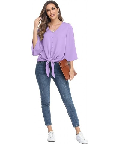 Women's Button V Neck Chiffon Tops 3/4 Bell Sleeve Tie Knot Casual Blouses Loose Summer Shirts Light Purple $11.66 Blouses