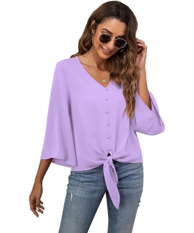 Women's Button V Neck Chiffon Tops 3/4 Bell Sleeve Tie Knot Casual Blouses Loose Summer Shirts Light Purple $11.66 Blouses