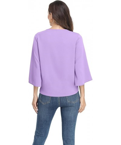 Women's Button V Neck Chiffon Tops 3/4 Bell Sleeve Tie Knot Casual Blouses Loose Summer Shirts Light Purple $11.66 Blouses