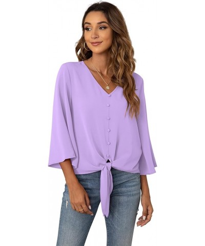 Women's Button V Neck Chiffon Tops 3/4 Bell Sleeve Tie Knot Casual Blouses Loose Summer Shirts Light Purple $11.66 Blouses