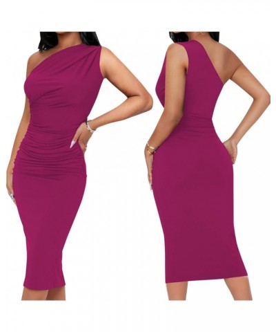 Womens Bodycon One Shoulder 3/4 Sleeve Cocktail Party Ruched Midi Dress 10929-1 Rosered $19.23 Dresses