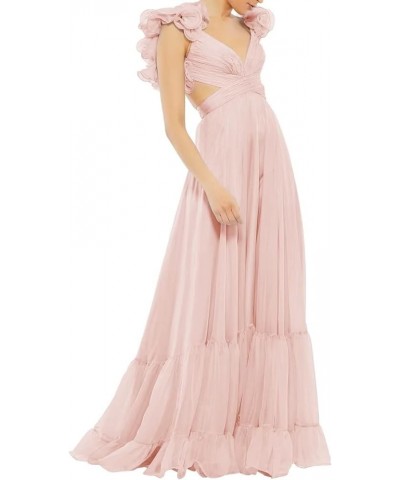 Chiffon Ruffle Prom Dresses for Women V Neck Long Bridesmaid Dresses Backless Formal Evening Gowns A Line Peach $41.00 Dresses