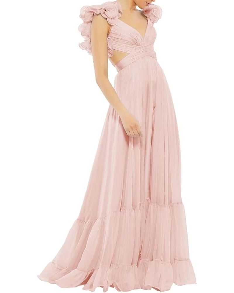 Chiffon Ruffle Prom Dresses for Women V Neck Long Bridesmaid Dresses Backless Formal Evening Gowns A Line Peach $41.00 Dresses