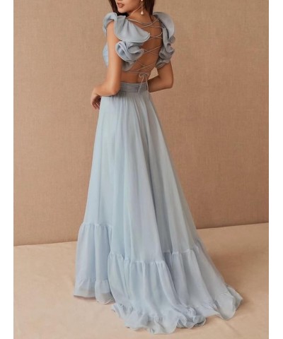 Chiffon Ruffle Prom Dresses for Women V Neck Long Bridesmaid Dresses Backless Formal Evening Gowns A Line Peach $41.00 Dresses