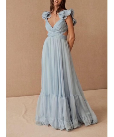 Chiffon Ruffle Prom Dresses for Women V Neck Long Bridesmaid Dresses Backless Formal Evening Gowns A Line Peach $41.00 Dresses