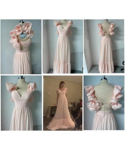 Chiffon Ruffle Prom Dresses for Women V Neck Long Bridesmaid Dresses Backless Formal Evening Gowns A Line Peach $41.00 Dresses