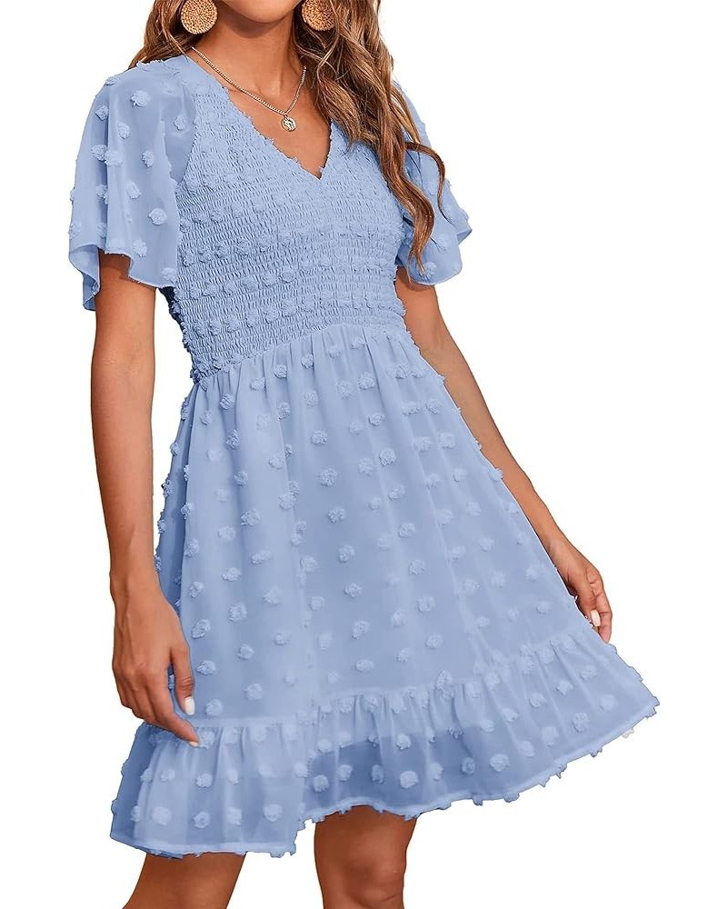 Women's V Neck Smocked Short Sleeve Casual Dress Swiss Dot Swing Flowy Ruffle Hem Mini Beach Summer Dresses 2024 Swiss Dot Bl...