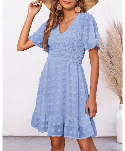 Women's V Neck Smocked Short Sleeve Casual Dress Swiss Dot Swing Flowy Ruffle Hem Mini Beach Summer Dresses 2024 Swiss Dot Bl...