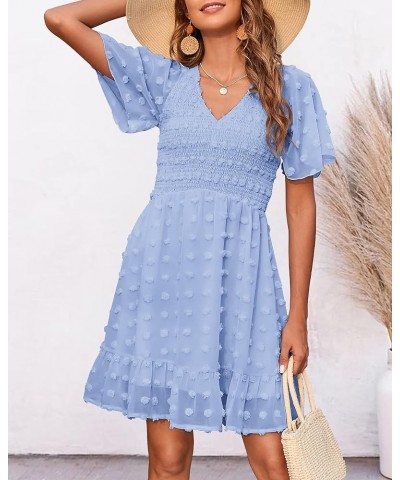 Women's V Neck Smocked Short Sleeve Casual Dress Swiss Dot Swing Flowy Ruffle Hem Mini Beach Summer Dresses 2024 Swiss Dot Bl...