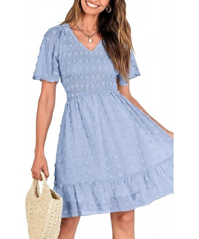 Women's V Neck Smocked Short Sleeve Casual Dress Swiss Dot Swing Flowy Ruffle Hem Mini Beach Summer Dresses 2024 Swiss Dot Bl...