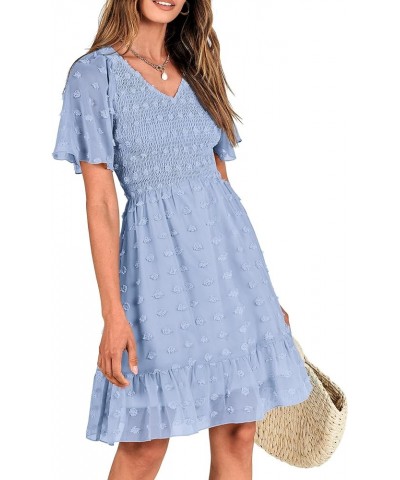 Women's V Neck Smocked Short Sleeve Casual Dress Swiss Dot Swing Flowy Ruffle Hem Mini Beach Summer Dresses 2024 Swiss Dot Bl...