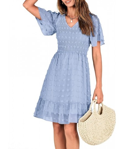 Women's V Neck Smocked Short Sleeve Casual Dress Swiss Dot Swing Flowy Ruffle Hem Mini Beach Summer Dresses 2024 Swiss Dot Bl...