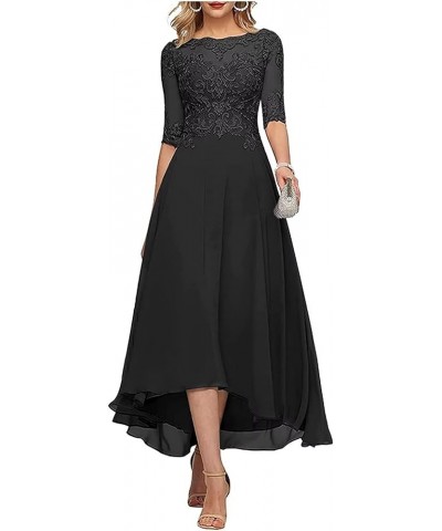 Lace Appliques Mother of The Bride Dress 3/4 Sleeves A line Tea Length Chiffon Formal Wedding Party Prom Gowns for Women Blac...