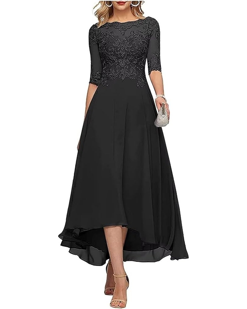 Lace Appliques Mother of The Bride Dress 3/4 Sleeves A line Tea Length Chiffon Formal Wedding Party Prom Gowns for Women Blac...